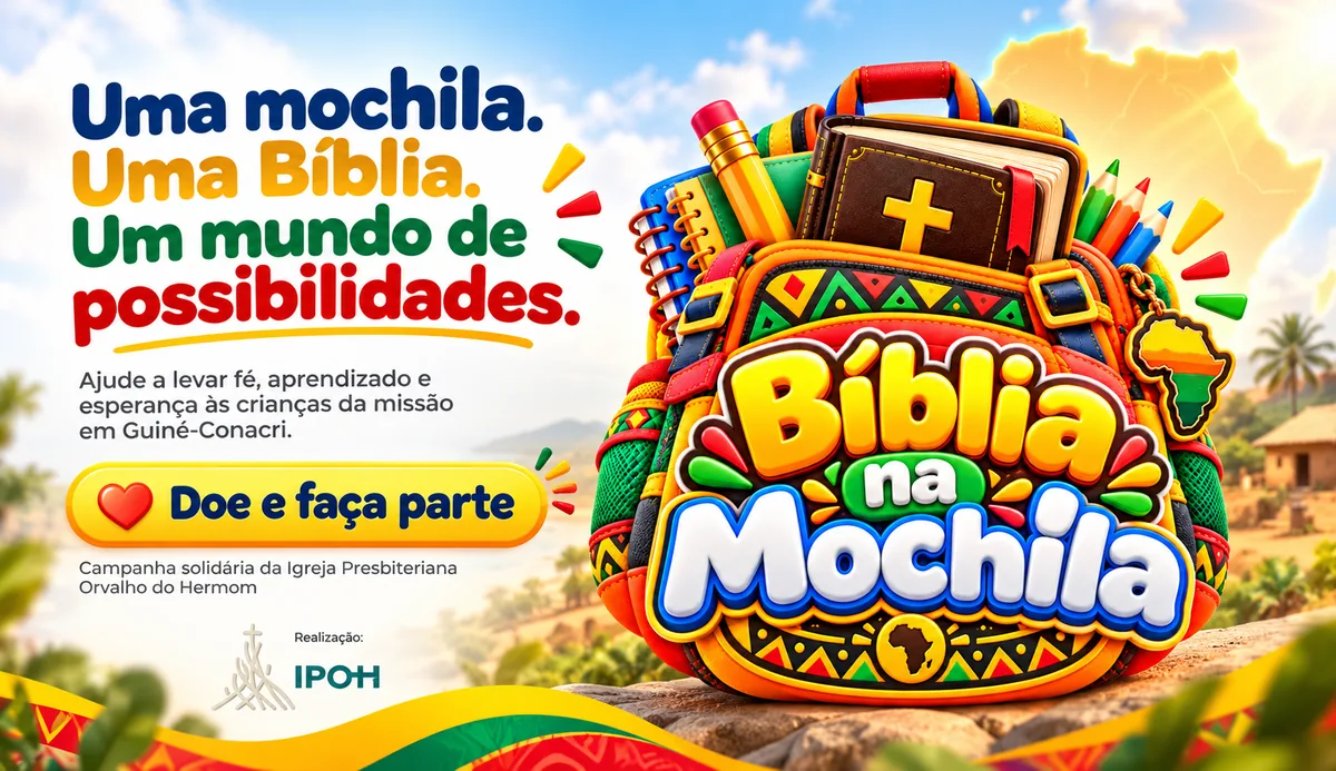 Banner da campanha Bíblia na Mochila: mochila colorida cheia de cadernos, lápis e uma Bíblia, com o texto Uma mochila. Uma Bíblia. Um mundo de possibilidades.